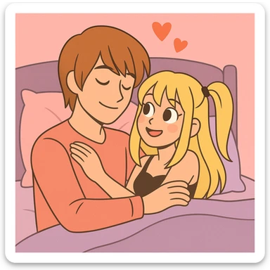 Light Yagami and Misa Amane in a bed, romantic atmosphere, pastel toon style sticker