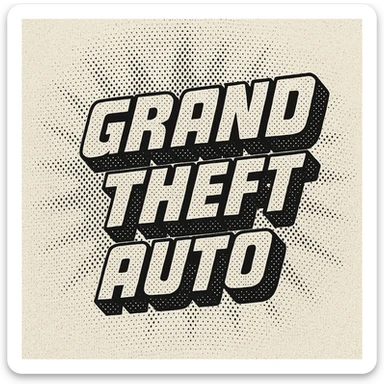 the words 'Grand Theft Auto' in a bold, blocky, black-and-white style, inspired by the classic Grand Theft Auto video game logo, with a slight 3D effect and thick outlines sticker