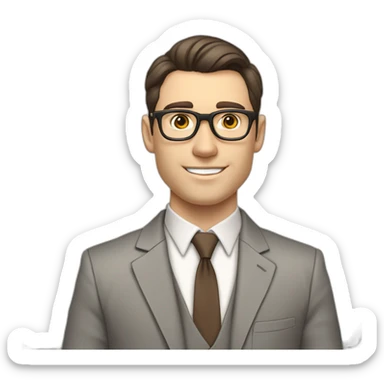 Pale skinned fit man with dark brown hair in gray jacket, beige office shirt, brown tie, brown pants and vintage glasses Writing text on a marker board sticker