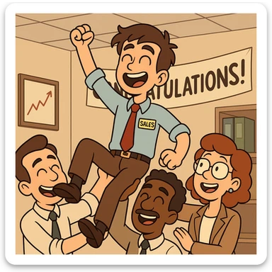 cartoonish depiction of a junior sales official in business attire, raised up by coworkers in an office celebration, everyone looking proud and happy sticker