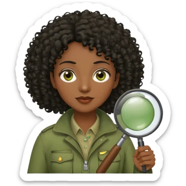 dark skin curly black haired middle-aged woman in moss green explorer outfit, holding magnifying glass sticker