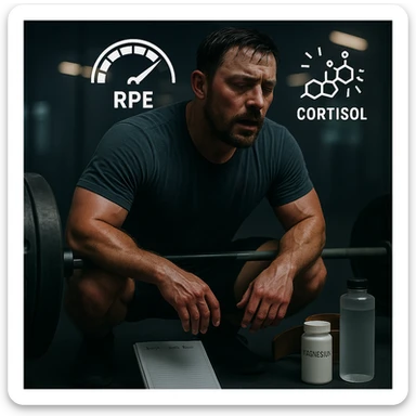 Add floating icons above the head indicating high RPE and cortisol, maintaining the cinematic style and palette. sticker