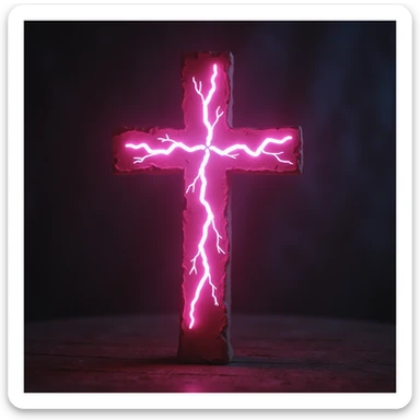 realistic gothic cross, pink with lightning motif, photorealistic style, no background sticker
