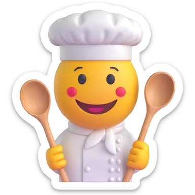 3D smiley emoji, round shape, chef wearing white chef hat, holding wooden spoon, smiling face sticker