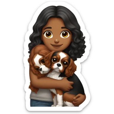 cute girl hugging two black and brown cavalier king charles spaniel  sticker