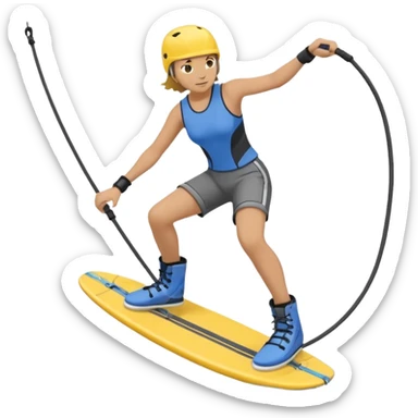 A person wakeboarding with one leg forward, the other bent for balance, leaning slightly back while holding a tow rope. Wearing a blue top, black shorts, gray boots, on a yellow board with small water splashes below. sticker