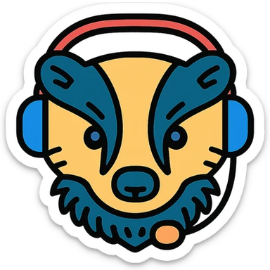 badger head wearing a modern headset, detailed fur, friendly expression, suitable for an icon, bold lineal color icon style sticker