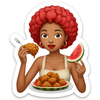 A black woman eating fried chicken and watermelon sticker