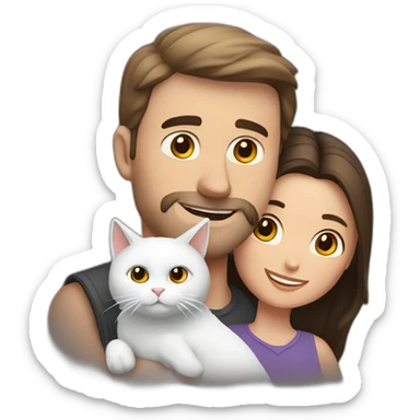 white brun man and brunette woman with a fat gray cat in their arms sticker