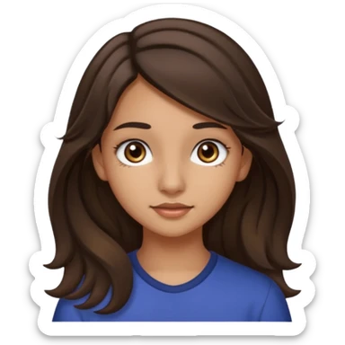 Create a emoji of a girl teen (14 years old) with dark brown hair and a little bit lighter brown in the end of the hair (but mixed) and waves in the hair, long hair, with MEDIUM FAIR TO OLIVE skin tone, dark brown eyes, perfect nose, long eyelashes sticker