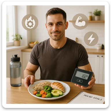 A fit man in his early 30s, sitting calmly at a clean wooden kitchen table, adjusting his meal portions with intention. On the plate: whole grain rice, avocado slices, grilled chicken, and olive oil drizzled vegetables — slightly more than a normal serving, symbolizing a small caloric surplus. He’s holding a digital food scale and smiling slightly, showing confidence. Around him float clean icons of metabolism, muscle growth, and energy. Background: bright morning light, minimalistic kitchen with fitness and wellness elements (e.g. a water bottle, notepad with 'macro goals', and healthy food on shelves). Style: semi-realistic, lifestyle photography look, warm tones, high detail sticker