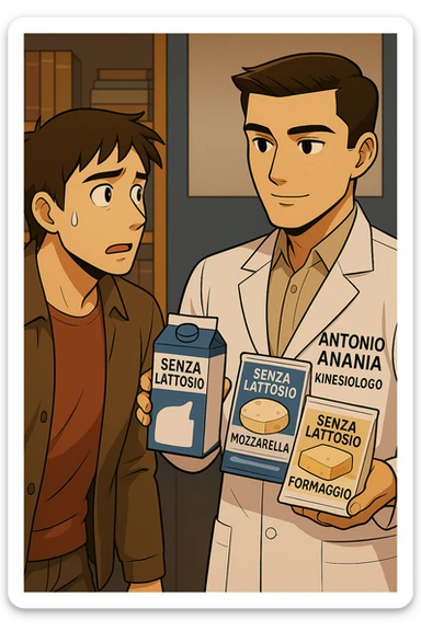 fai un webtoon manga a colori con questo stile, in cui un uomo ASCOLTA Il kinesiologo con il camice bianco (fagli anche la scritta "ANTONIO ANANIA" SUL CAMICE, IL KINESIOLOGO SPIEGA ALL'UOMO UNA MOSTRANDO VARI PRODOTTI DA SUPERMERCATO CONFEZIONATI (TIPO SCATOLA DI LATTE, MOZZARELLE CONFEZIONATE, FORMAGGIO CONFEZIONATO), OGNI CONFEZIONE HA LA SCRITTA "SENZA LATTOSIO SULL'ETICHETTA. L'UOMO OSSERVA IL KINESIOLOGO CON ESPRESSIONE CONFUSA IN VOLTO. non fare i fumetti però, fai solo in modo che sembri stiano parlando sticker