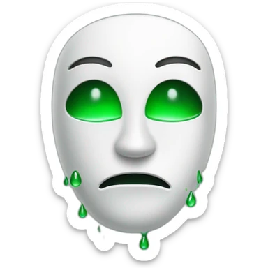 a white smile mask with green cry drops with full black eyes sticker