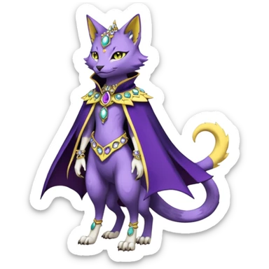 Kawaii cute Violet Yellow Black beautiful pretty elegant divine edgy feline-vernid-sergal-Fakémon-Pokémon-Digimon-fursona-animal-creature, full body, with intricate detailed markings, Embroidered capelet, Gem-studded horn ring sticker