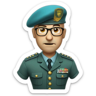 Realistic cyan beret bald very furious 50 years old man with glasses no hair furious very angry frown with khaki uniform sticker