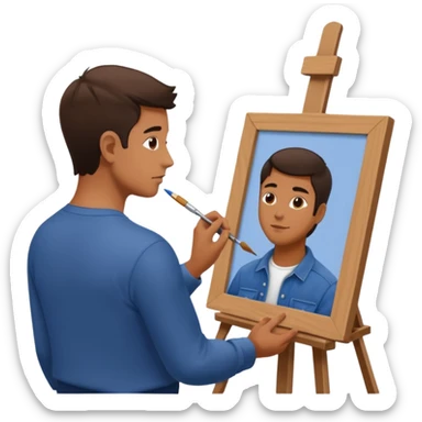 the artist stands with his back to the painting, painting a portrait sticker
