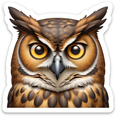 Cinematic Noble Great Horned Owl Portrait Emoji, Poised and regal, with a commanding, broad build and a richly mottled plumage of grays, whites, and subtle browns, deep-set soulful golden eyes, Simplified yet sharp and sophisticated features, highly detailed, glowing with a soft, dignified glow, high shine, intelligent and enigmatic, stylized with an air of nocturnal majesty, focused and attentive, soft glowing outline, capturing the essence of a watchful and confident raptor, so majestic it feels as though it could silently swoop out of the screen with effortless authority! sticker