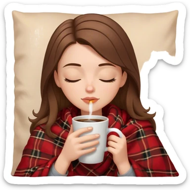 White girl brunette inside a brown and red flannel blanket sipping coffee eyes closed sticker