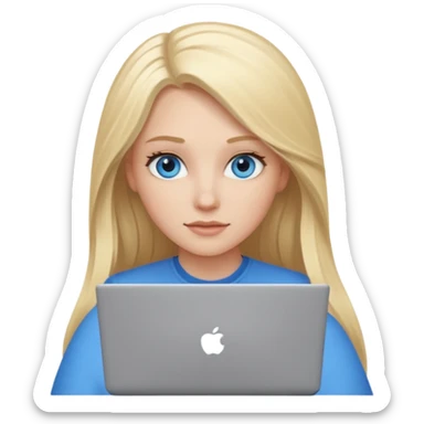 White girl with long blonde hair and blue eyes with laptop sticker