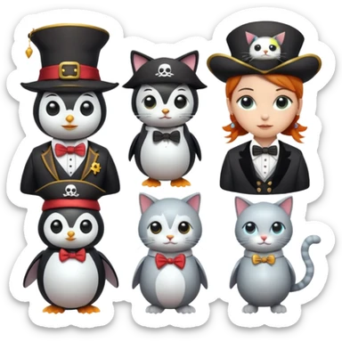 Penguin Wizard, pirata, gato con sombrero y pajarita y mujer con cuerpo de robot sticker
