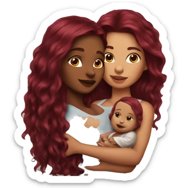 Beautiful tattooed burgundy long haired woman holding a baby sticker