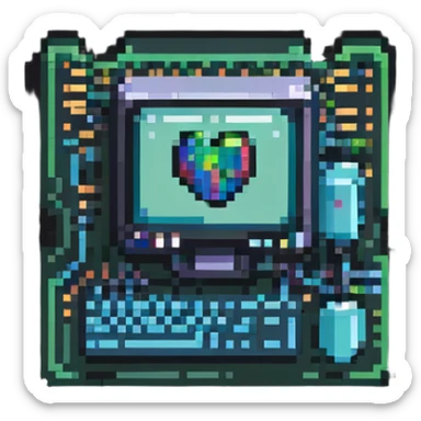 Minimalist technical pixel art IT support badge, bright colors, computer chip design sticker
