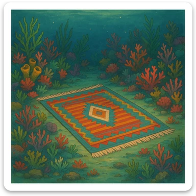 colorful carpet lying on the sea floor, surrounded by corals and seaweed, in ghibli style sticker