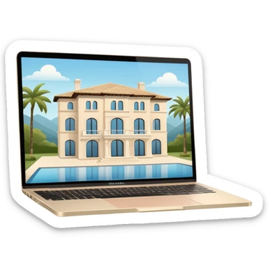 
light beige open macbook sideways with luxury villa on screensaver sticker