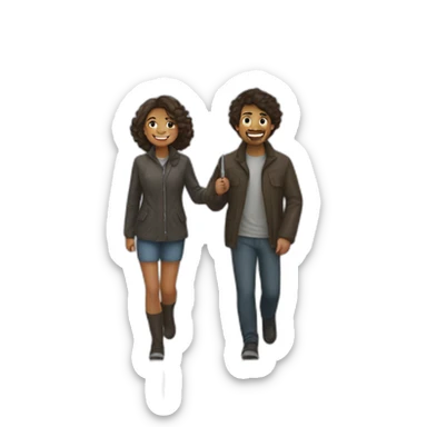 Couple walking in rain holding an umbrella looking at each other and smiling. The girl has curls in her hairs but not much sticker