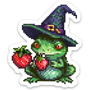 a frog wearing a witch hat and eating a strawberry, pixel art style sticker