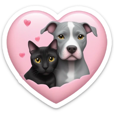 Grey pitbull and black cat cuddling with pink hearts  sticker