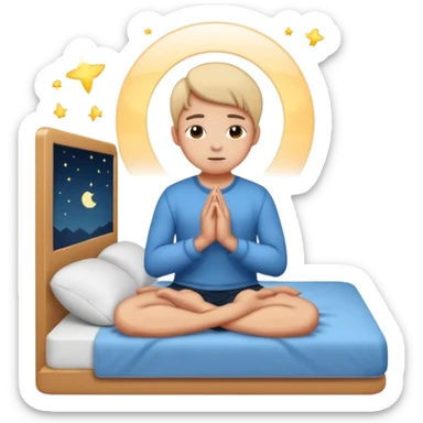 Gen Z person sitting on bed praying at night, LED lights, laptop nearby sticker