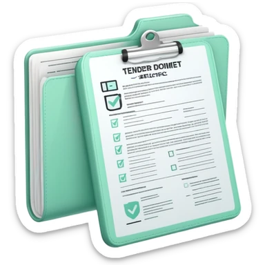 Commande Publique (Public Procurement), 3D technical icon with black and mint green (#B5F4D3), tender document with technical specifications and compliance checklist sticker