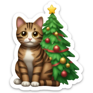 Brown striped cat sitting Christmas tree  sticker