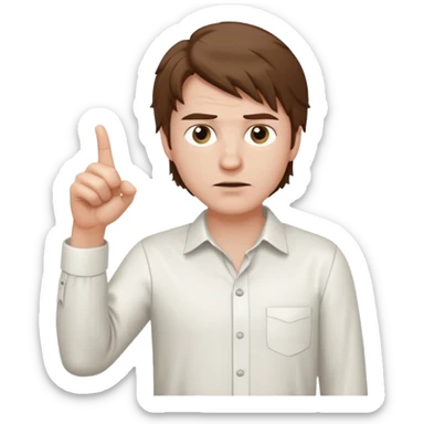 Weak man with disheveled hair pointing to his right sticker