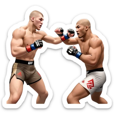 Two MMA fighters in the octagon, one delivering a strong punch while the other defends with a guard. The background shows the UFC octagon with the crowd in the distance. Transparent background emphasizes the dynamic intensity and skill of mixed martial arts. sticker