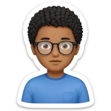 Menino moreno com cabelo curto cacheado preto, de óculos preto e blusa azul sticker