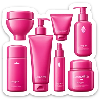 a collection of bright pink skincare and coqquette sticker