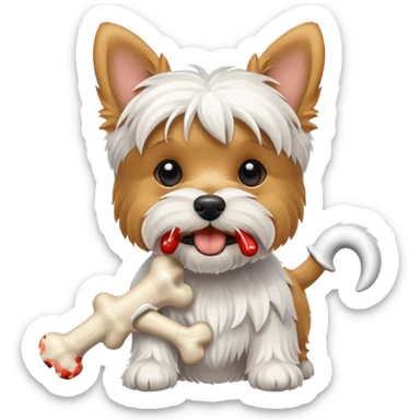 White yorkie terrier con hueso en la boca  sticker