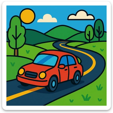 a car driving on a winding road, vibrant cartoon style sticker