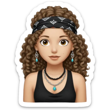 Baddie girl with black  tank top long  curly hairss and bandana and jwellery face only not body sticker