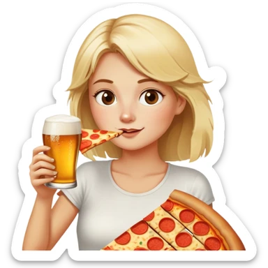 Blond girl eating a slice of pizza and drinking beer in the sunshine sticker