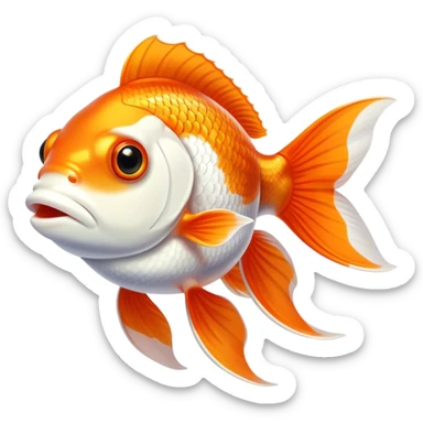 Cinematic Noble Orange and White Goldfish Portrait Emoji, Poised and regal, with a sleek, streamlined build and a vibrant body featuring a harmonious blend of orange and white hues, deep-set soulful golden eyes, Simplified yet sharp and sophisticated features, highly detailed, glowing with a soft, dignified glow, high shine, intelligent and graceful, stylized with an air of aquatic artistry, focused and attentive, soft glowing outline, capturing the essence of a watchful and confident aquatic companion, so majestic it feels as though it could glide out of the screen with effortless authority! sticker