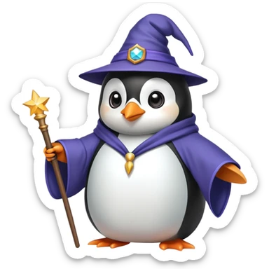 penguin wearing a wizard hat and robe holding a magic wand sticker