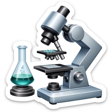 An icon featuring an electronic microscope, a metal alloy, and a crystal structure, symbolizing materials science. The design includes different materials like metals, ceramics, and polymers, alongside a stamp representing testing and quality control. Transparent background sticker