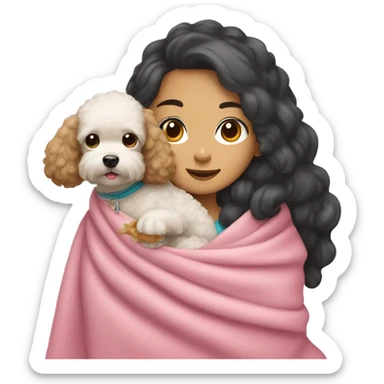 asian girl cuddled with toy poodle in blanket sticker