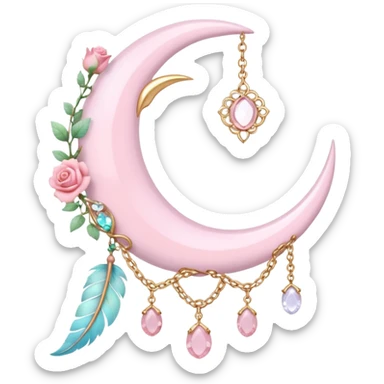 Rosy shiny glossy sparkly romantic pastel crescent damask moon with rose quartz pastel vines pastel gems pastel beads with feathers and chains  sticker