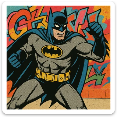 Batman in action pose, ready to fight, with graffiti background, Grand Theft Auto V (GTA 5) style sticker