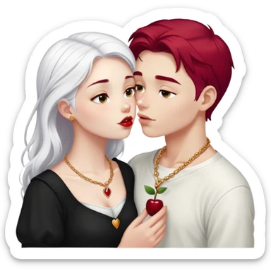 20 year old couple, boy with SHORT SNOW WHITE HAIR (completely WHITE), dark shirt, girl with long cherry red hair, light clothes, gold necklace, kissing sticker
