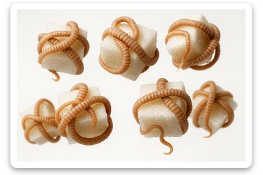 ZOLLETTE DI ZUCCHERO CON PARASSITI TIPO LA TENIA ARROTOLATE INTORNO AD OGNI ZOLLETTA, FLUTTUANO IN ARIA SU SFONDO BIANCO, IPERREALISTICO 4K sticker